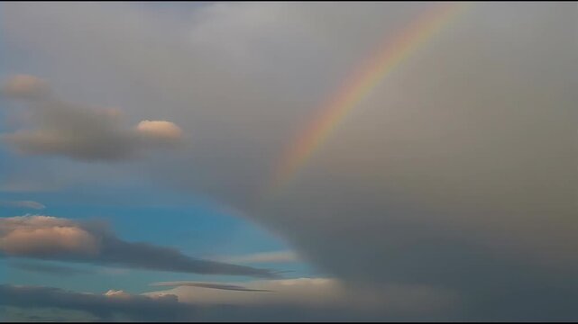 Vivid rainbow arching through soft blue sky and cloud lit arch with gentle light and serene mood