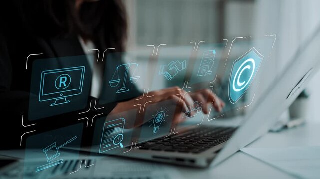 Digital copyright protection system showing secure ownership, intellectual property rights, content verification, and legal warning icons for creators and publishers Marrow