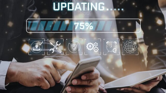 Hands accessing smartphones with a loading progress bar indicating system update, digital icons indicating technology and progress in modern workspace. Sigmoid