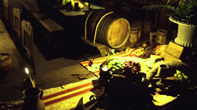 Lowlit cellar with barrel and produce clustered on striped runner, grapes spilling from crates, jars and casks suggesting storage and rustic preservation, warm