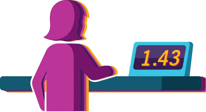 Woman standing at counter looking at digital queue number display screen