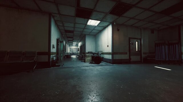 Empty hospital corridor with gurneys and stretchers. Linoleum floors reflect dim lighting, peeling ceiling tiles, medical carts abandoned in shadow, antiseptic