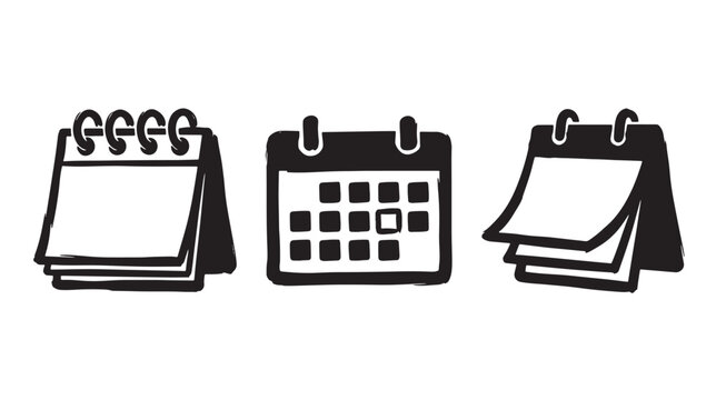 Set of three simple hand drawn calendar on a graffiti white background, black ink of spiral bound and wall mounted planners for scheduling and time management