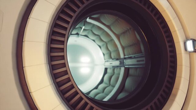 Sterile circular hatch space station medical module entrance with clinical lighting, clean panels, access handle and compact equipment mount