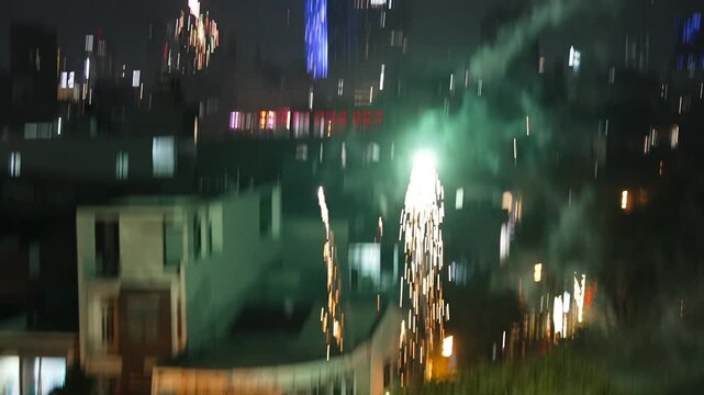 Fireworks on City Streets amateur handheld camera motion 