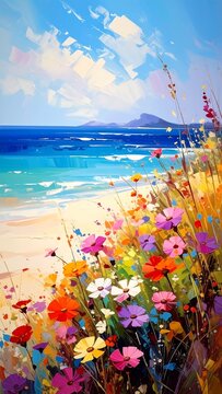 Vibrant wildflowers bloom along a sunlit ocean beach in painterly style