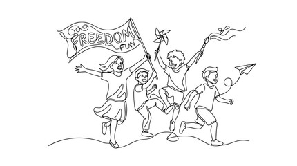Obraz premium Joyful kids running with freedom flag and toys, celebrating childhood and fun, line art illustration