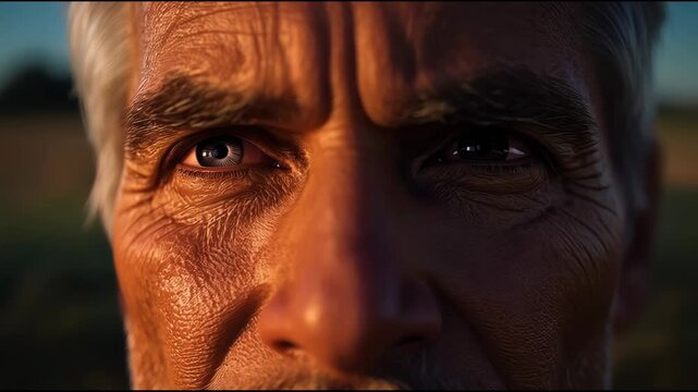 Weathered elderly man portrait close up face wrinkle dramatic warm golden light showing