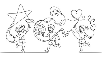 Obraz premium Children Playing with Ribbons - Line Art