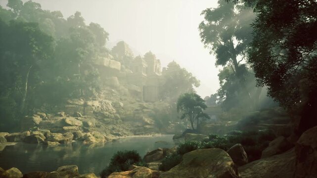 Fog shrouded ruins above still water, weathered stone terraces and moss covered cliffs, ivy trailing across ancient temple walls, evocative mood for heritage