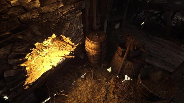 Smoldering embers beside wooden barrels, dim tavern corner with stacked fuel and stone backdrop, warm amber highlights and long shadows suggestive of closed inn