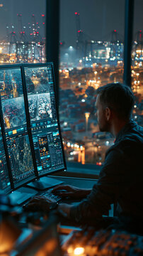 Night Surveillance: A focused man monitors multiple screens displaying complex data and live feeds from a high-rise office, with a vibrant cityscape twinkling below under the night sky.