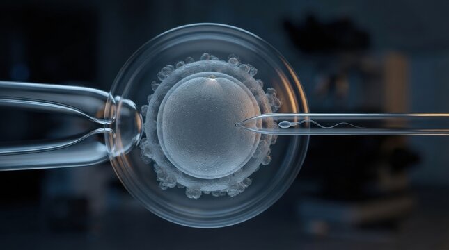 Micropipette is positioned near a human egg cell showing reproductive health techniques in a laboratory environment focusing on fertilization.
