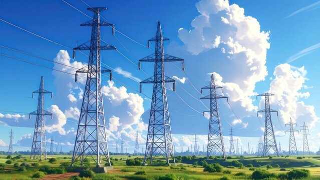 High voltage power pylons across a green field.