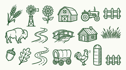 Collection of hand-drawn farm and nature icons, including a tractor, barn, windmill, and buffalo. © logan