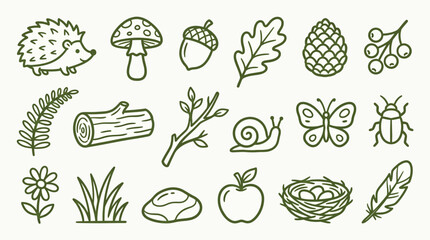 Collection of cute hand-drawn forest elements including animals, plants, and natural objects. © logan