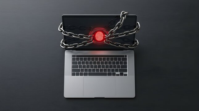 Laptop screen locked with heavy metal chains and digital fingerprint scan