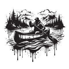 Naklejka premium Graffiti style black and white ink of a person in a cap paddling a canoe on a lake with mountains and pine trees, featuring a dripping paint effect on white