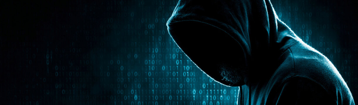Cyber Intrusion: A shadowy figure in a hooded sweatshirt is silhouetted against a backdrop of cascading binary code, evoking a sense of digital mystery and clandestine activity.