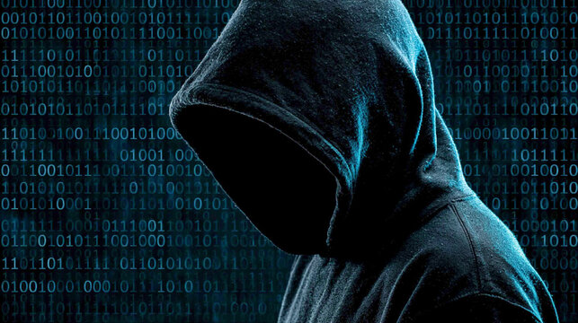 Anonymous Hacker in Shadow: A hooded figure cloaked in shadow stands against a backdrop of glowing binary code, symbolizing anonymity and the digital unknown.