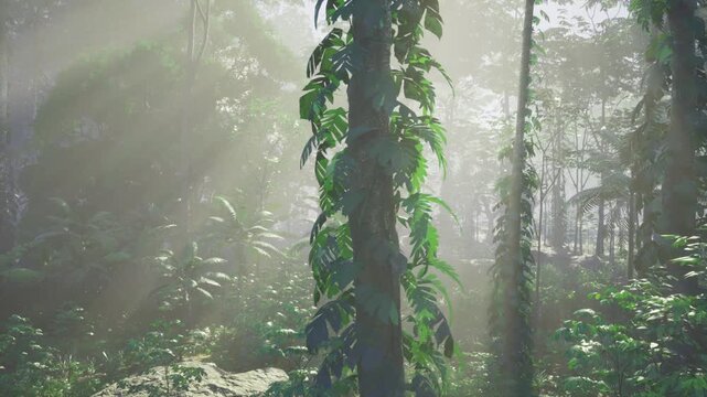 Dawn rainforest research site in Peru soft light through mist, vine covered trunks and wet foliage, mood of scientific exploration, conservation team fieldwork