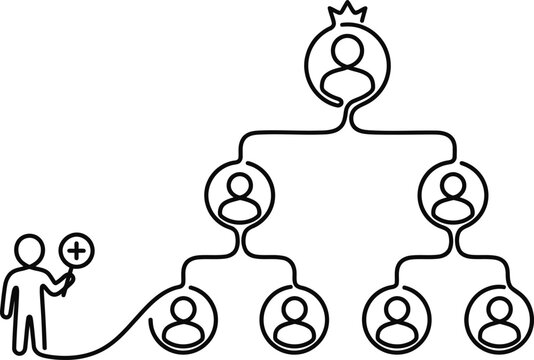 Continuous line drawing of organizational hierarchy chart with magnifying glass.