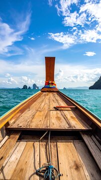 View from wooden boat moving across turquoise ocean water under blue sky with clouds