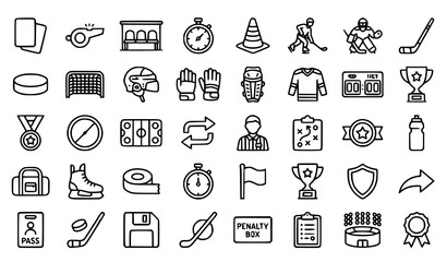 Fototapeta premium 40 Hockey Outline Web Icons Set with Player Goalkeeper Penalty Card and Sports Equipment Editable Stroke Vector