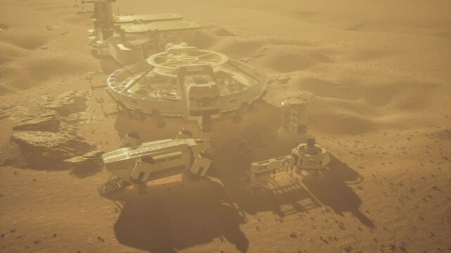 Aerial mars scouting outpost featuring rover bays, drone pads and observation towers amid rippled sand scene implies autonomous surveys, remote mapping, rapid
