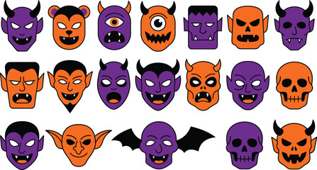 Fototapeta premium Vintage halloween character stickers collection spooky retro monster faces for parties and decorations