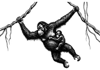 Fototapeta premium Vintage Orangutan Vector Illustration Hand Drawn Great Ape Rainforest Primate Black And White Line Art Sketch For Tropical Wildlife Nature Graphic Design