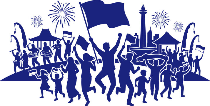Silhouette of crowd waving indonesian flags celebrating near monas national monument vector art illustration