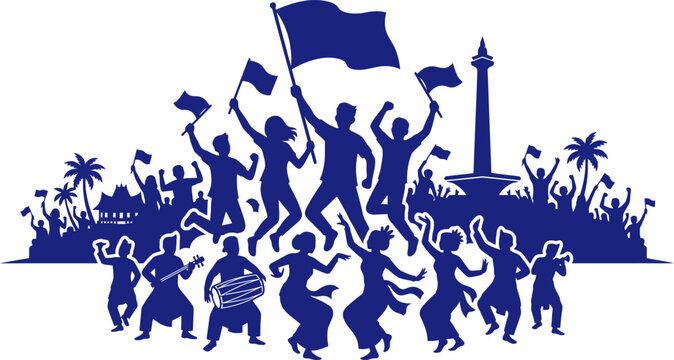 Silhouette of indonesian crowd and traditional dancers celebrating near monas monument vector art illustration