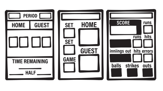 Three sports scoreboard templates with text labels for game statistics, isolated on a white background, black and white style, sports information graffiti