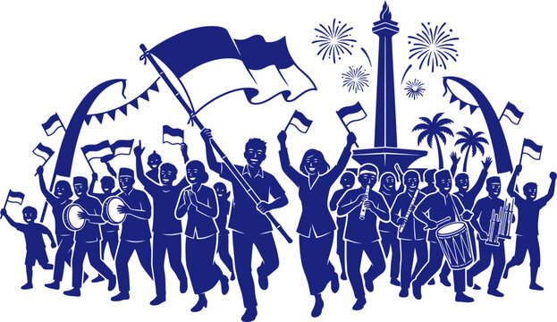 Silhouette of indonesian parade crowd playing traditional instruments and waving flags vector art illustration