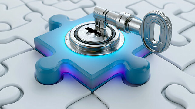 Unlocking the Solution: A metallic key inserted into a puzzle piece lock, glowing with digital light, symbolizes access to answers and the resolution of complex challenges.
