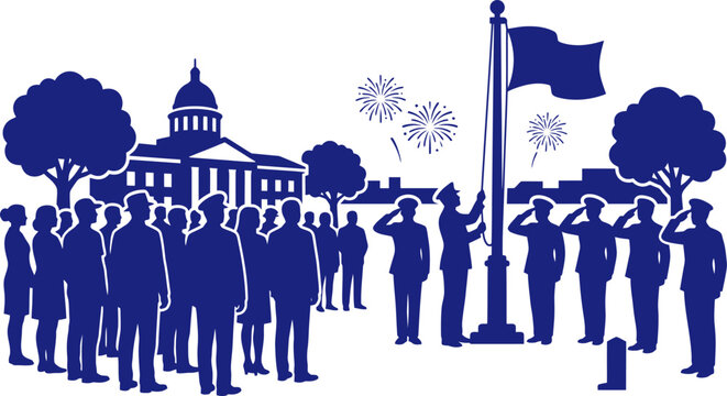 Silhouette of military soldiers saluting during flag raising ceremony near capitol dome vector art illustration