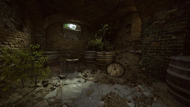 Moody subterranean chamber with scattered barrels, low light bleeding from tiny window, thick shadows pooling around barrel stacks, cobwebs and mildew, tension