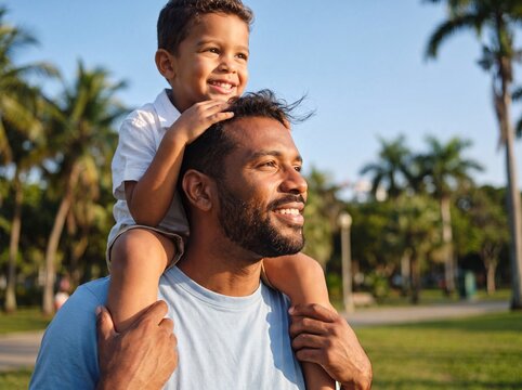 Black father and smiling son sharing joyful moment outdoors
