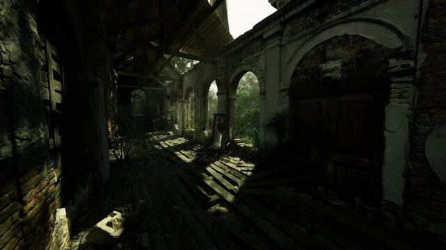 Twilight ruined cloister showing dramatic shadow patterns across worn floor, crumbling stucco and tangled vines, cinematic gloom evoking eerie stillness