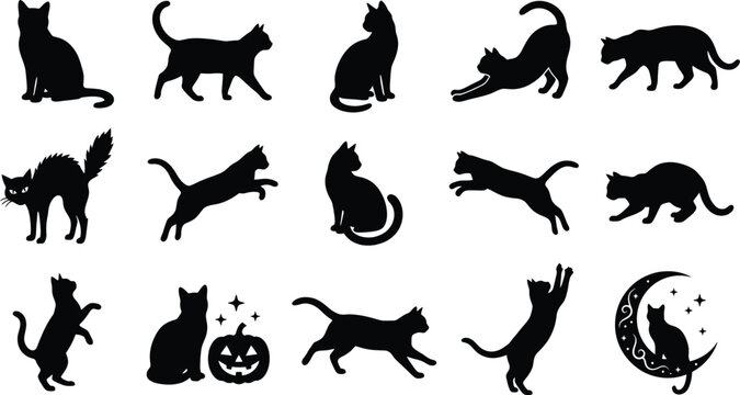 Black cat silhouettes collection for halloween decorations and spooky designs