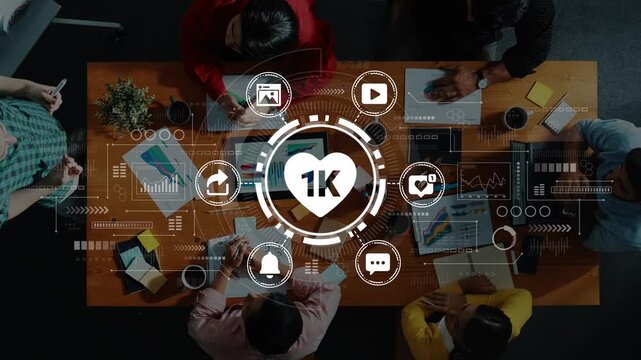 Overhead View of Diverse Team Working on Digital Marketing Strategy with Analytics and Social Media Icons in Modern Office Space. Entropy.