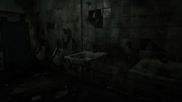 Gloomy washbasin corner with cracked tiles and filament of grime, puddled floor and scattered trash set forensic mood for investigator or photographer, heavy
