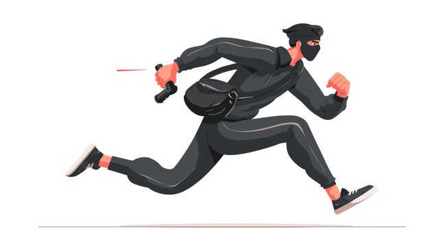 Masked thief or robber running fast after committing a crime, holding a weapon and a stolen bag. Criminal on the run illustration.
