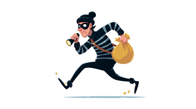 Cartoon Thief Running with Stolen Money Bag and Flashlight. Burglar Character in Mask and Striped Shirt Escaping After Crime