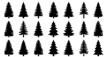 Fototapeta premium Minimalist Pine Tree Silhouette Vector Set with Evergreen Fir Spruce and Conifer Forest Shapes