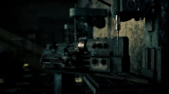 Moody drill press portrait with texture, close framing emphasizes chipped paint, worn handle and metal grit, dramatic side lighting highlights patina and aged