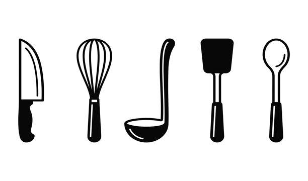 Set of kitchen utensils knife whisk ladle spatula