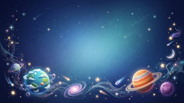 Cute outer space background banner with cartoon planet Earth, Saturn, stars, and galaxies