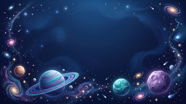 Outer space background banner with colorful fantasy planets, stars, and swirling galaxies
